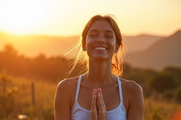 Una persona sonriente disfrutando de una sesión de yoga al aire libre, con el sol de la mañana. Transmite una sensación de calma y bienestar.