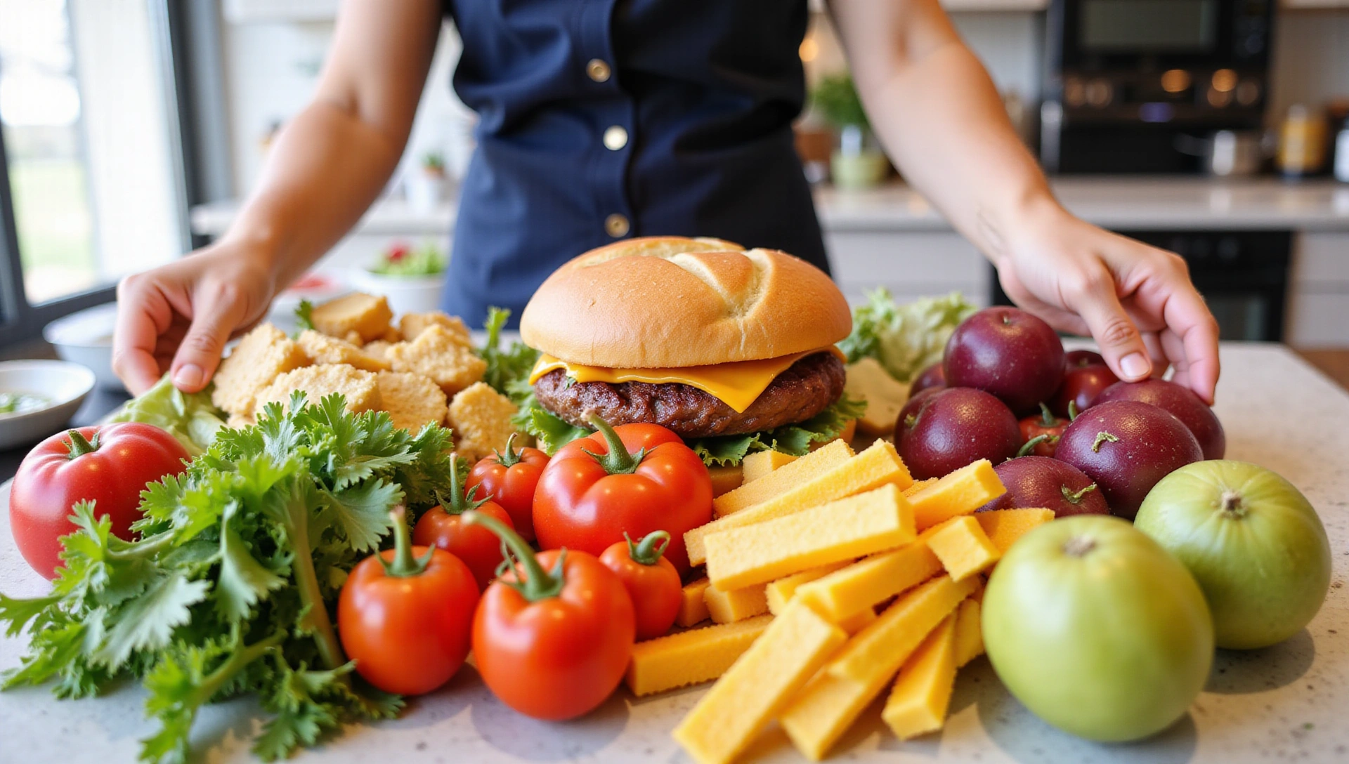 Arreglo vibrante de alimentos saludables con una persona sonriendo bajo luz natural.