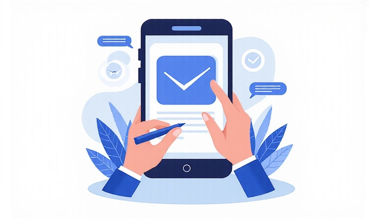 Ilustración de un teléfono con un icono de mensaje y una mano escribiendo, simbolizando comunicación.