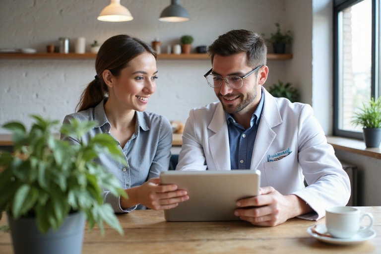 Nutricionista consultando con un cliente en un ambiente amigable y profesional.