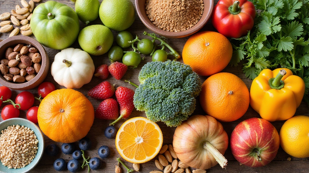 Una variedad de alimentos saludables y coloridos dispuestos artísticamente, representando una dieta equilibrada.